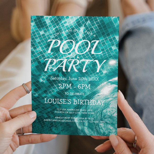 Invitation Eau de piscine vert foncé Je fête à la piscine (Créateur téléchargé)