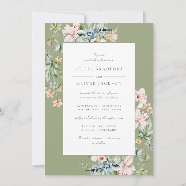 Invitation Eau de source aquarelle vert sauge Fleurs poussiér (Devant)