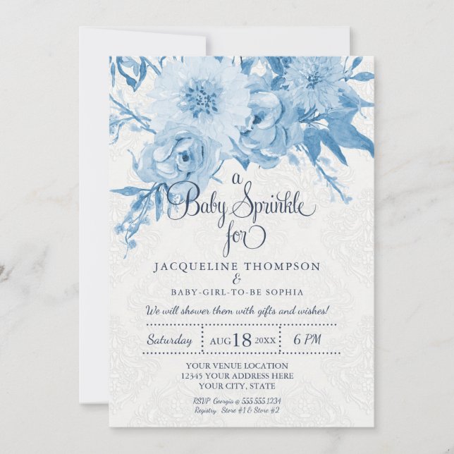 Invitation Eau de source Bébé Aquarelle Bleu Nuit et Floral B (Devant)