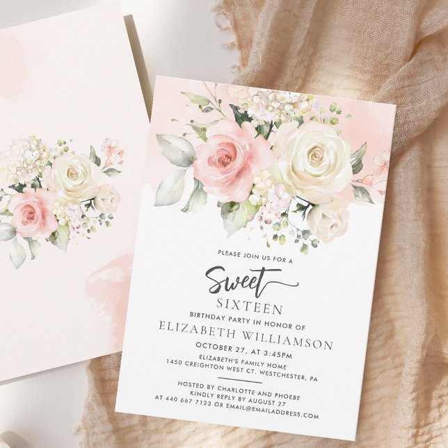 Invitation Eau Florale Rose Aquarelle Douce 16 (Pink Floral Elegant Sweet Sixteen Script Modern Watercolor 16th Birthday Party Invitation)