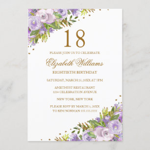 Invitation Eau-forte Fleurie Violette Or 18e Anniversaire