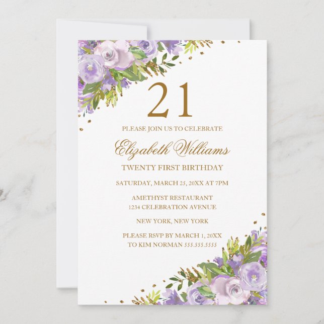 Invitation Eau-forte Fleurie Violette Or 21e Anniversaire (Devant)