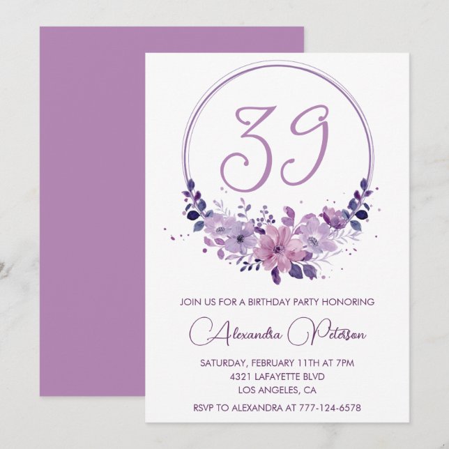 Invitation Eau-forte florale violette élégante 39e anniversai (Devant / Derrière)