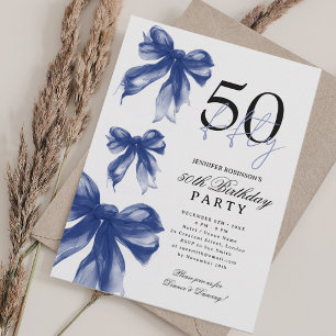Invitation Eau gouache bleu marine Coquette Noeud 50e anniver