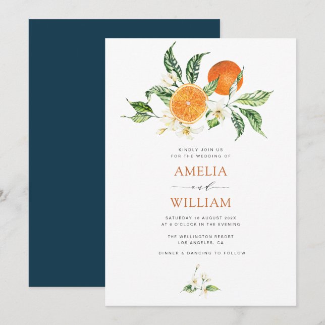 Invitation eau moderne agrumes oranges mariage (Devant / Derrière)