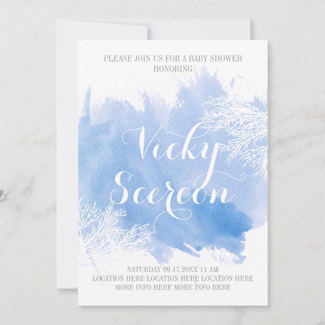 Invitation Eau moderne corail récif baby shower bleu (Devant)