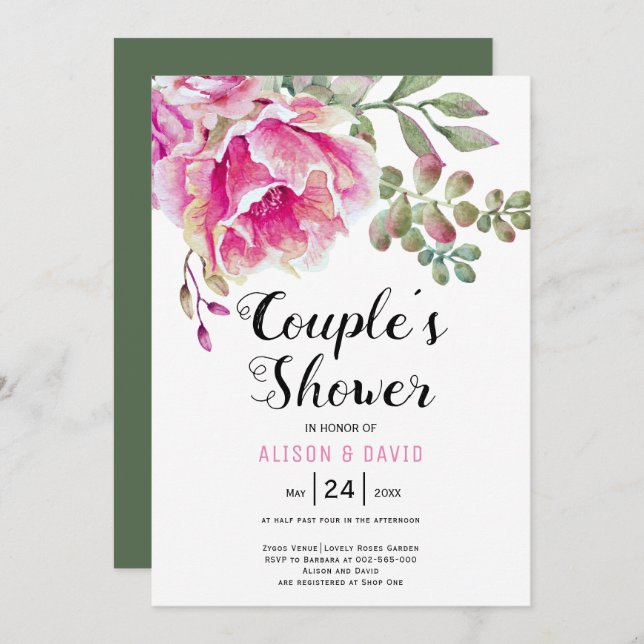 Invitation Eau rose fleurs mariage couples douche (Devant / Derrière)
