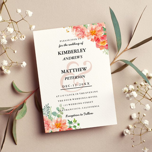 Invitation Eau rose vif de corail moderne élégant Mariage (Modern coral blush pink watercolor elegant Wedding Invitation)