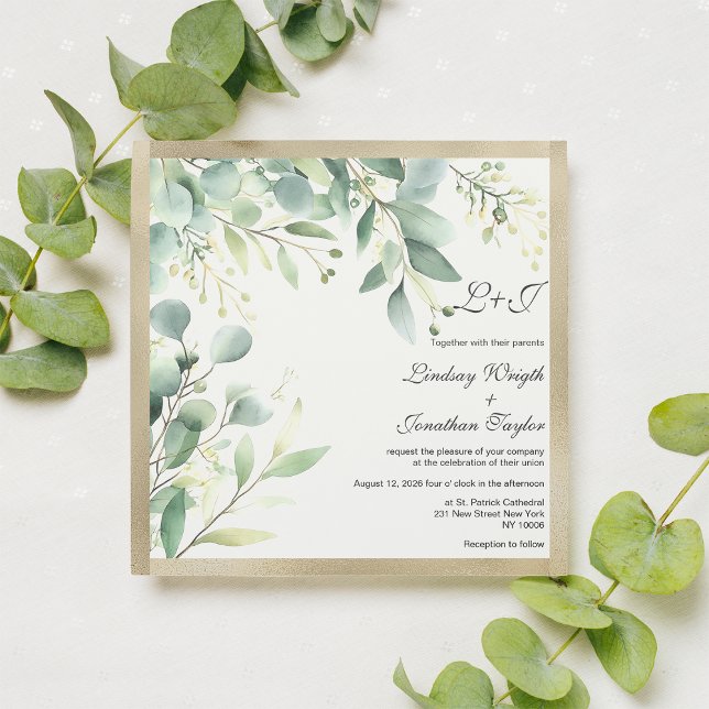 Invitation Eau rustique eucalyptus vert Mariage or (Watercolor rustic eucalyptus greenery gold Wedding )