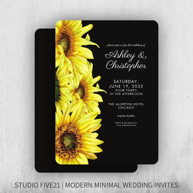 Invitation Eau stylisée Sunflower Fumée Mariage noir (Créateur téléchargé)