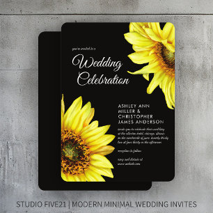 Invitation Eau stylisée Sunflower Fumée Mariage noir