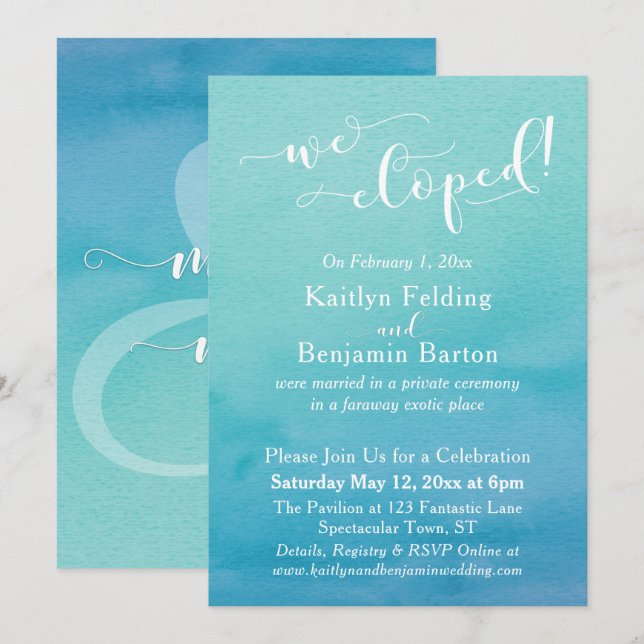 Invitation Eau teintée bleu ombré aquarelle Nous nous sommes  (Devant / Derrière)