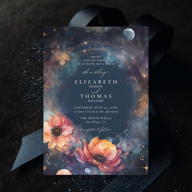Invitation Eaux Célestes Lune Étoiles Floral Élégant Mariage (celestial wedding invitation moody dark midnight sky watercolor floral elegant modern classic)