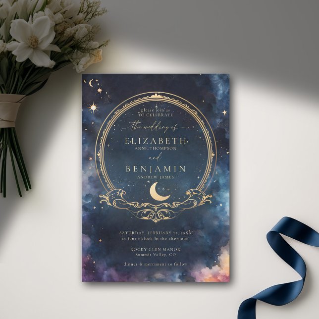 Invitation Eaux célestes Minuit Bleu Élégant Mariage (celestial wedding invitation elegant frame watercolor moon stars sky modern classic)
