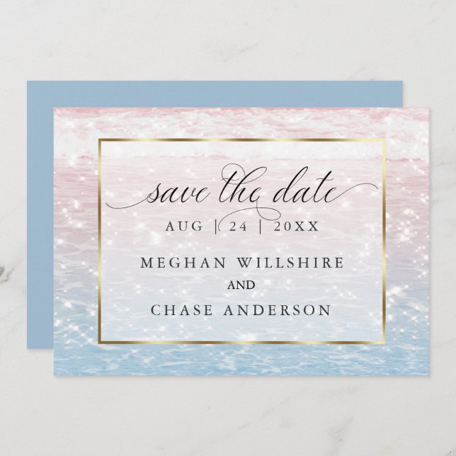 Invitation Eaux Étincelantes Mariage à la plage rose (Devant / Derrière)