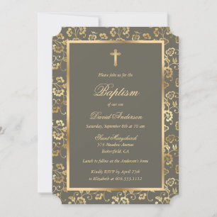 Invitation Ebony Gold Cross Script Floral Baptism
