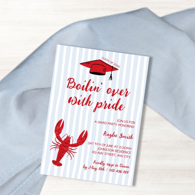 Invitation Ébullition de l'écrevisse Bleu clair et rouge Dood (Crawfish Boil Light Blue & Red Doodle Grad Party Invitation)