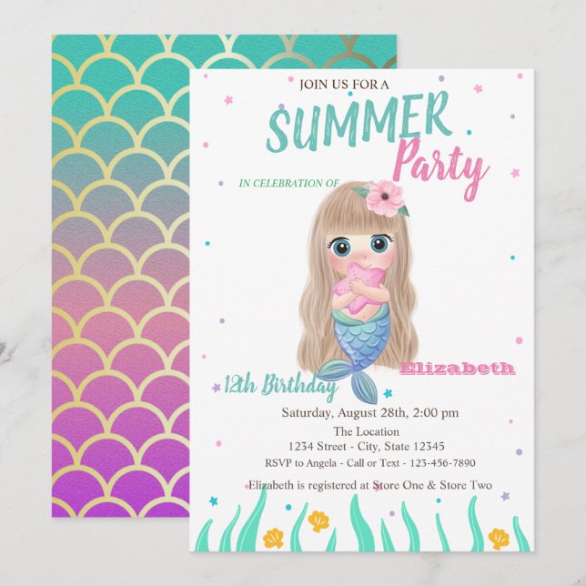 Invitation Écaille de Sirène Bébé  Coquillages Fête d'anniver (Devant / Derrière)