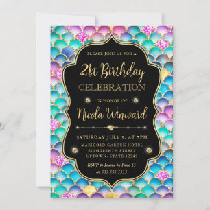 Invitation Écaille de Sirène Iridescente et Dorée Cadre Anniv