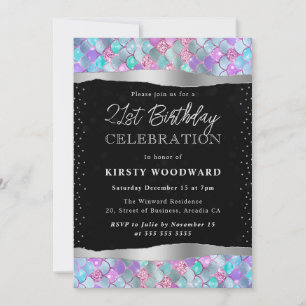 Invitation Écaille de sirène pailletée rose et bleue pour 21e