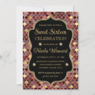 Invitation Écaille de sirène rouge et or cadre Sweet 16