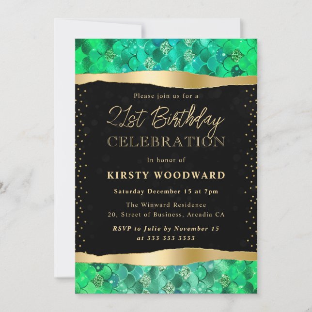 Invitation Écaille de Sirène Verte et Dorée 21e Anniversaire (Devant)