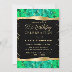 Invitation Écaille de Sirène Verte et Dorée 21e Anniversaire