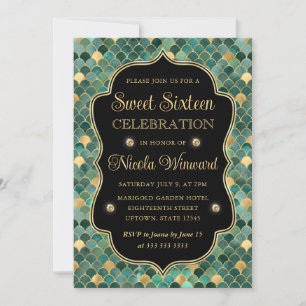 Invitation Écaille de Sirène Verte et Dorée Cadre Sweet 16
