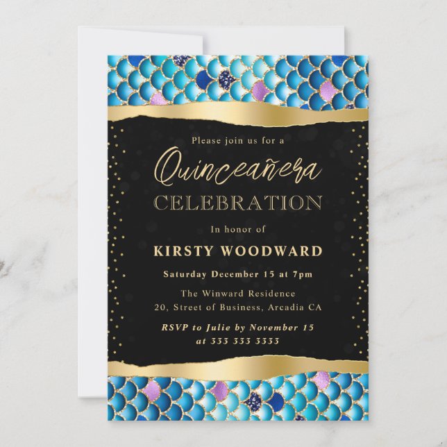 Invitation Écailles de sirène bleues et dorées Quinceanera (Devant)