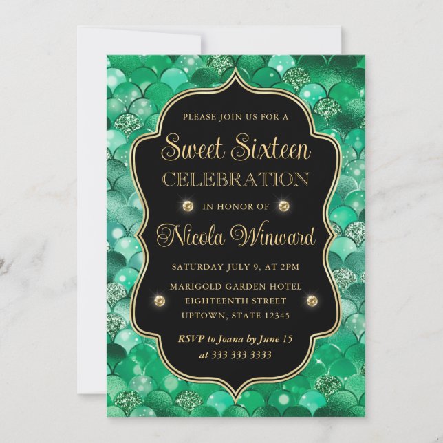 Invitation Écailles de Sirène Vert et Or Iridescents Sweet 16 (Devant)