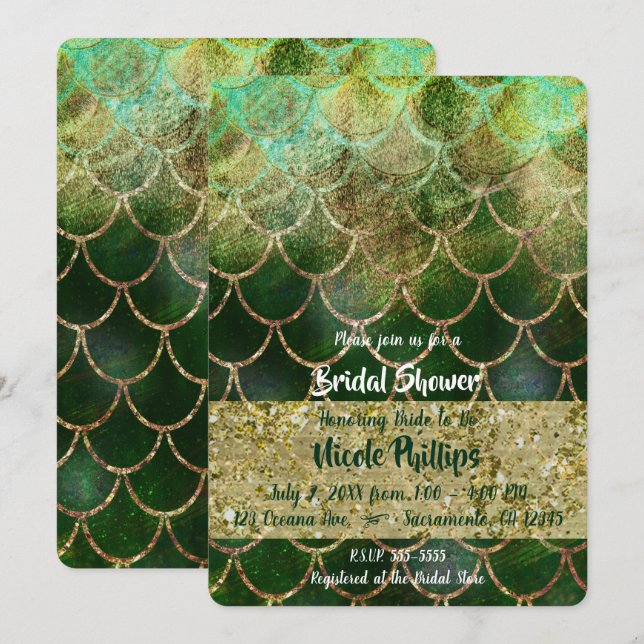 Invitation Écailles de Sirène Vertes et Dorées Glamour Shower (Devant / Derrière)
