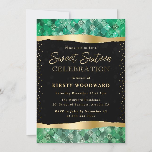 Invitation Écailles de sirène vertes et dorées Sweet 16 (Devant)