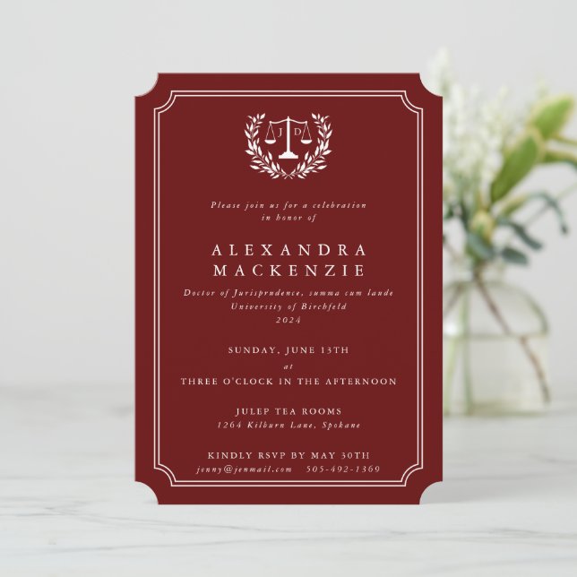 Invitation Écales de droit JD Rouge/Blanc + Couronne de lauri (Debout devant)