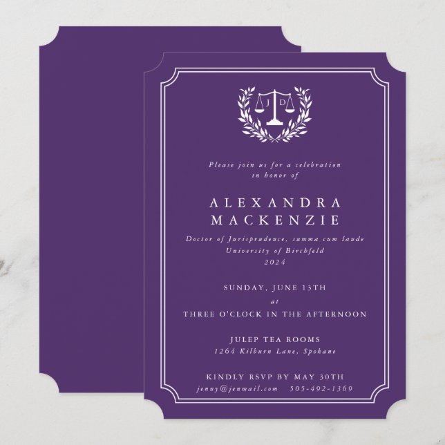 Invitation Écales de JD violettes/blanches + Laurier de remis (Devant / Derrière)