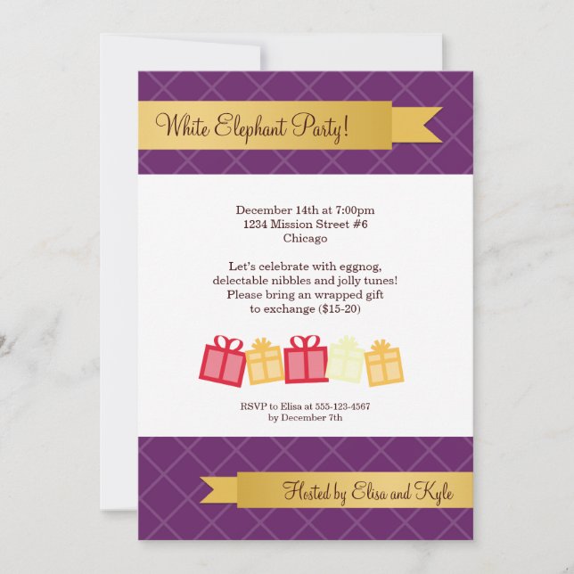 Invitation Échange cadeau ruban or violet fête de Noël (Devant)