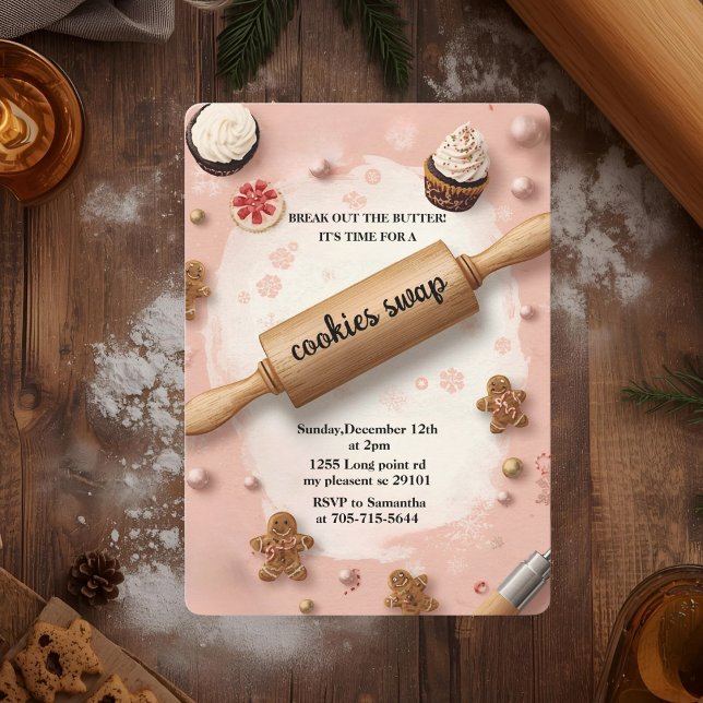 Invitation Échange de biscuits au rouleau à pâtisserie rose (Créateur téléchargé)