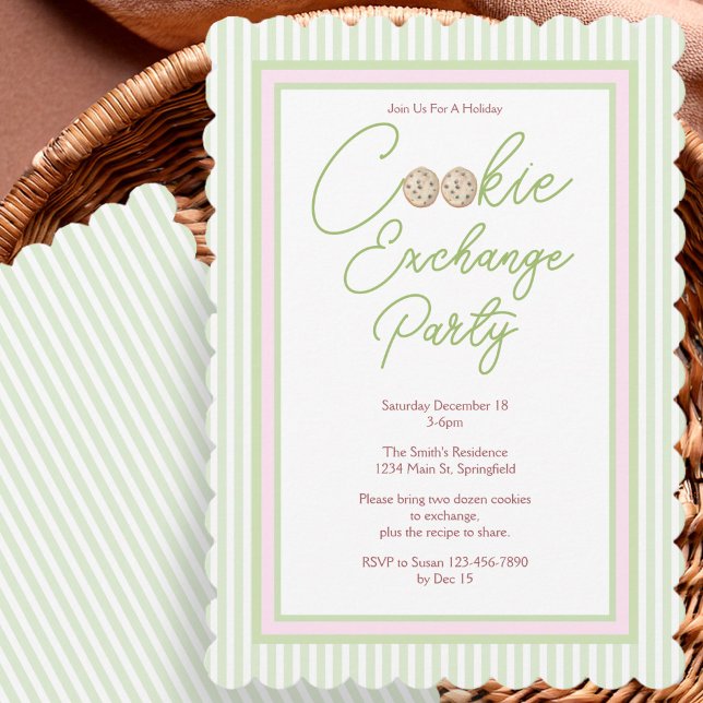 Invitation Échange de biscuits de fêtes rose et vert (Créateur téléchargé)