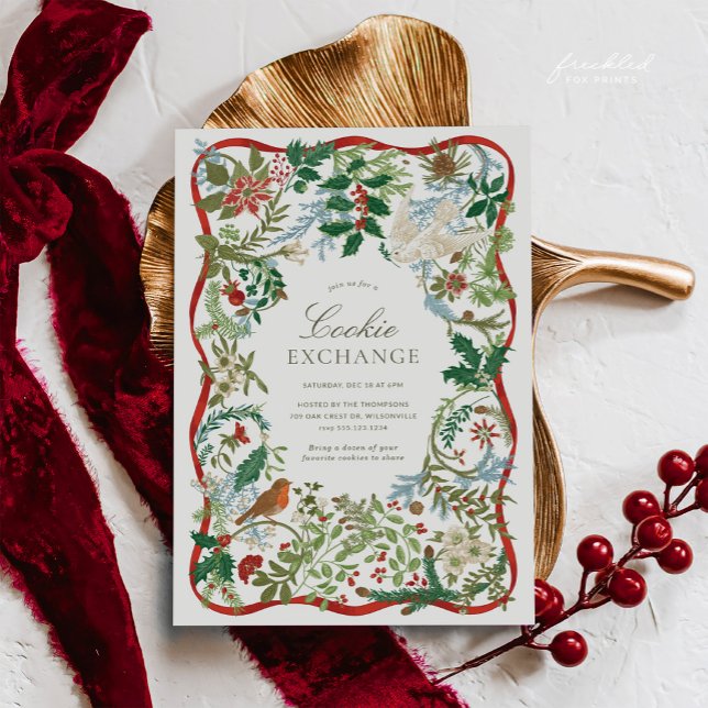 Invitation Échange de biscuits de Noël à l'ancienne avec illu (Vintage Botanical Christmas Cookie Exchange Invitation)