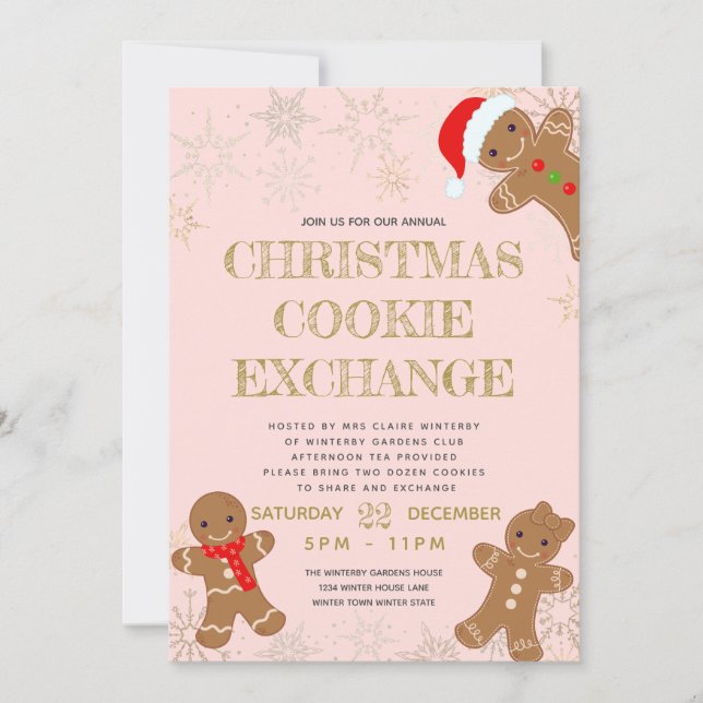 Invitation Échange de biscuits de Noël au pain d'épice rose (Devant)