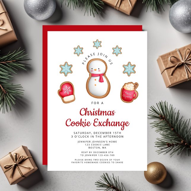 Invitation Échange de biscuits de Noël Bonhomme de neige roug (Cute Red Snowman Christmas Cookie Exchange Invitation)