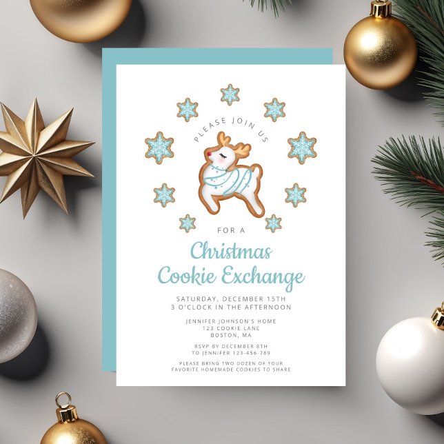 Invitation Échange de biscuits de Noël de rennes mignons (Cute Reindeer Christmas Cookie Exchange Invitation)