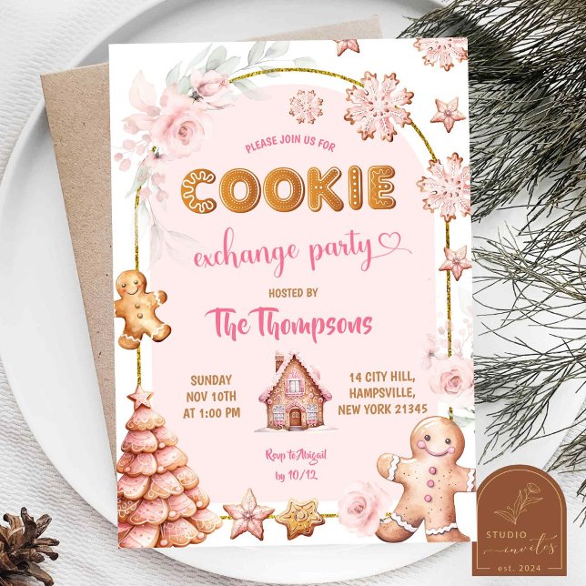 Invitation Échange de biscuits de Noël d'hiver rose Fête (Créateur téléchargé)
