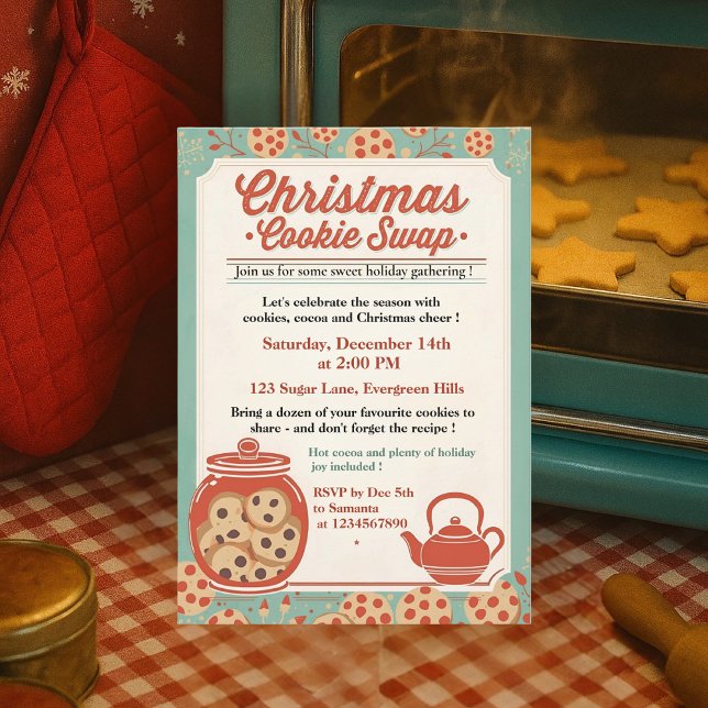 Invitation Échange de biscuits de Noël rétro sarcelle et roug (Créateur téléchargé)