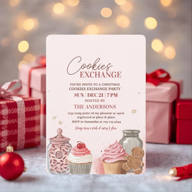 Invitation Échange de biscuits de Noël roses (Créateur téléchargé)
