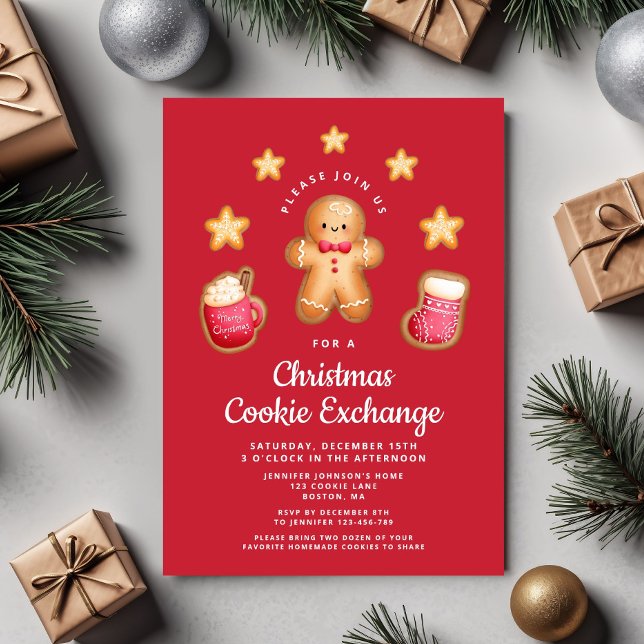 Invitation Échange de biscuits de Noël rouges bonhomme en pai (Red Christmas Cookie Exchange Cute Gingerbread Man Invitation)