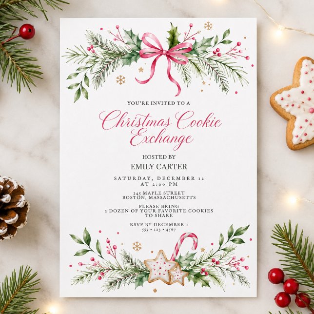 Invitation Échange de biscuits de Noël Ruban rose Fêtes (Créateur téléchargé)