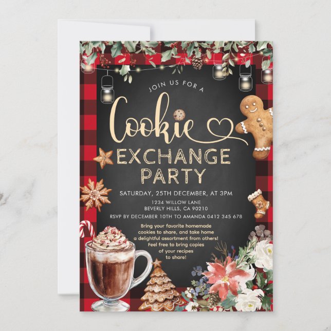 Invitation Échange de biscuits en tartan de Noël et de cacao  (Devant)