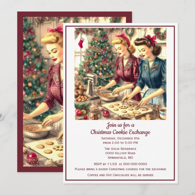 Invitation Échange de biscuits rétro de Noël  (Devant / Derrière)