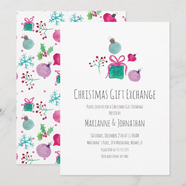Invitation Échange de cadeaux de Noël à l'aquarelle  (Devant / Derrière)