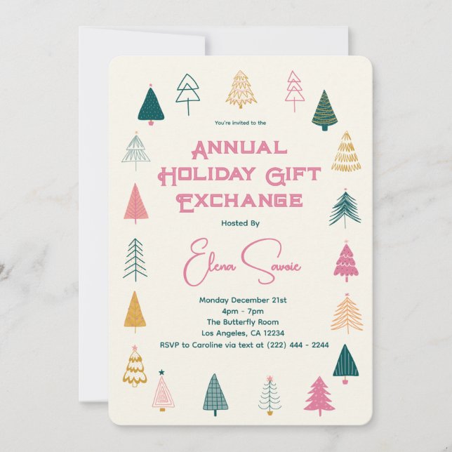 Invitation Échange de Cadeaux de Noël Arbre Rose Vert Fantais (Devant)